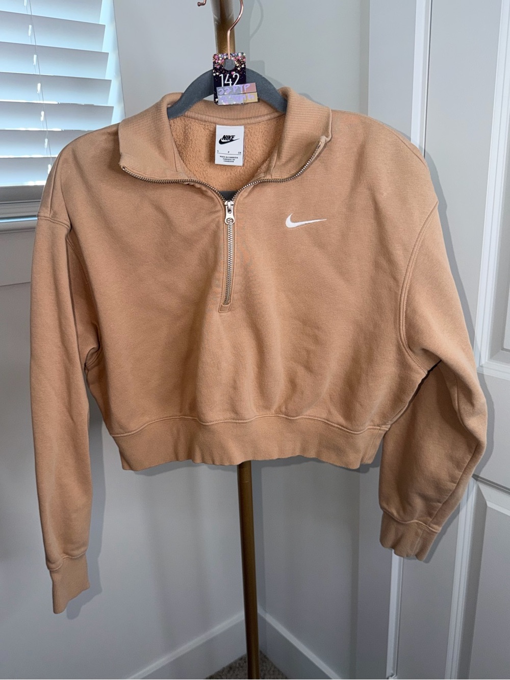 142. Nike Phoenix Fleece 1/4 Zip Cropped Sweat Shirt in Hemp/Sail